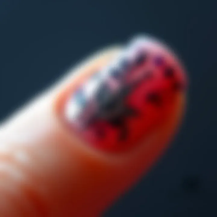 Close-up of a beautifully manicured nail adorned with intricate decals