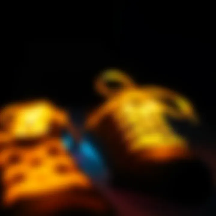 A close-up of glowing shoe laces illuminating in a dark environment