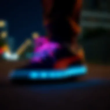 A fashionable sneaker showcasing vibrant glow shoe laces during nighttime