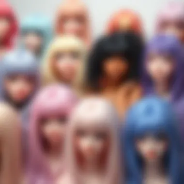 A collection of pastel wigs in various colors and styles