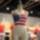 Artistic representation of an American flag tankini displayed on a mannequin