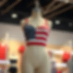 Artistic representation of an American flag tankini displayed on a mannequin