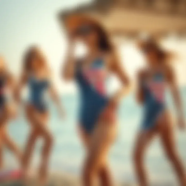 Stylish beach setting with individuals wearing American flag tankinis
