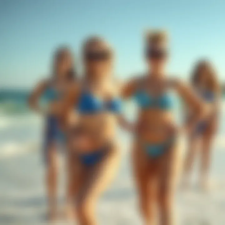 A scenic image of individuals confidently wearing blue bikini tops at a beach, highlighting body positivity.