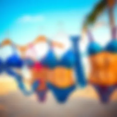Diverse Styles of Blue Bikini Tops A stunning collection of blue bikini tops displayed on a beach background, showcasing different styles.