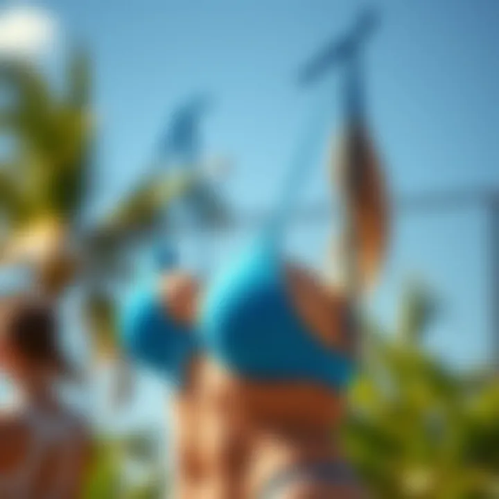 An artistic representation of blue bikini tops against an environmentally-friendly backdrop, symbolizing sustainability.