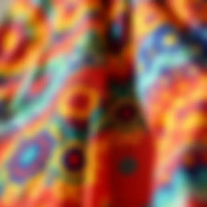 Close-up of intricate fabric patterns in a bright dress.