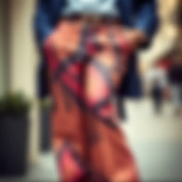 Close-up of a stylish individual showcasing a unique flare pant design