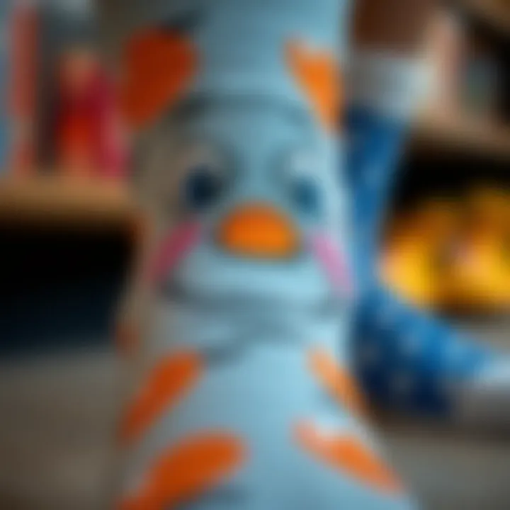 Whimsical Close-Up of a Cartoon Sock Design Close-up of a quirky sock design featuring a playful cartoon face.