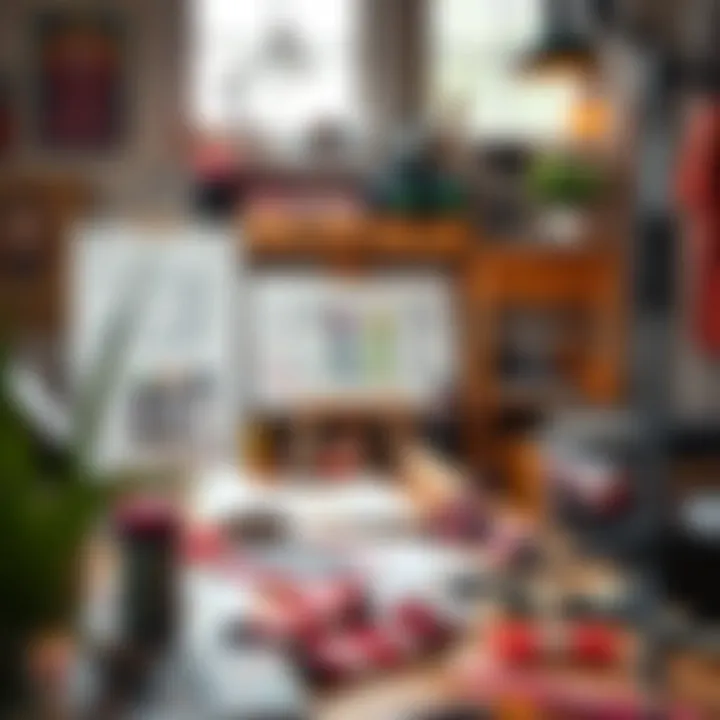 Creative Design Workspace for Funny Face Socks A creative workspace displaying sock design sketches and materials.