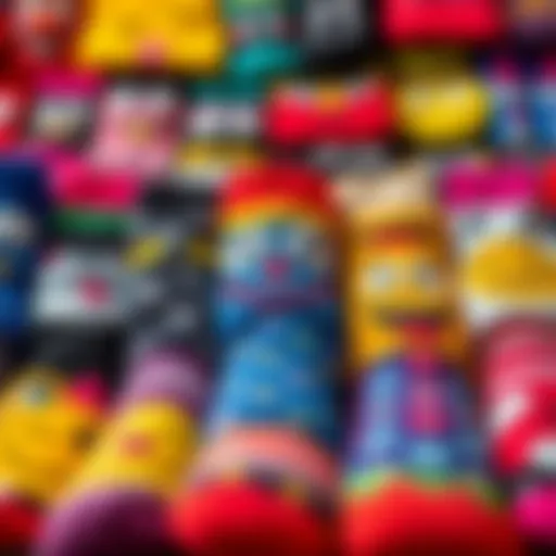 A vibrant display of assorted funny face socks in various styles.