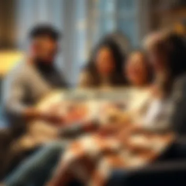 A happy family gathered around, admiring a funny photo blanket gifted during a celebration.