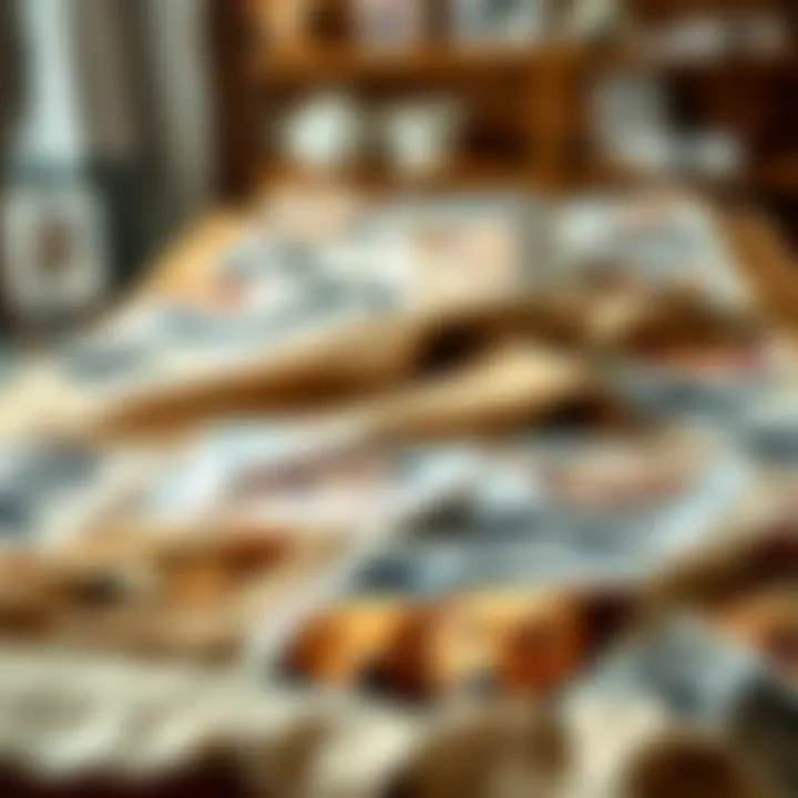 An artistic display of various funny photo blanket designs laid out on a table.