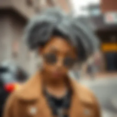 Fashion-forward individual flaunting gray crochet hair in an urban setting