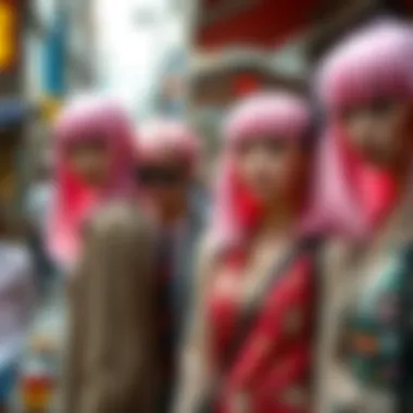 A vibrant street scene featuring individuals with pale pink wigs, showcasing cultural expression