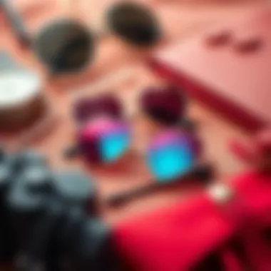 Aesthetic flat lay of styled accessories including heart sunglasses