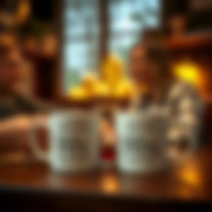 A cozy setting with personalized mugs used at a couple's gathering.