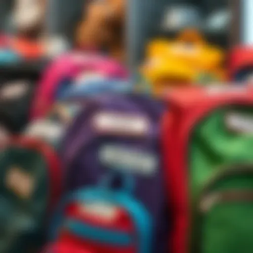 A vibrant collection of personalized name tags displayed creatively on colorful backpacks