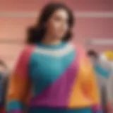 A vibrant plus size color block sweater displayed on a mannequin
