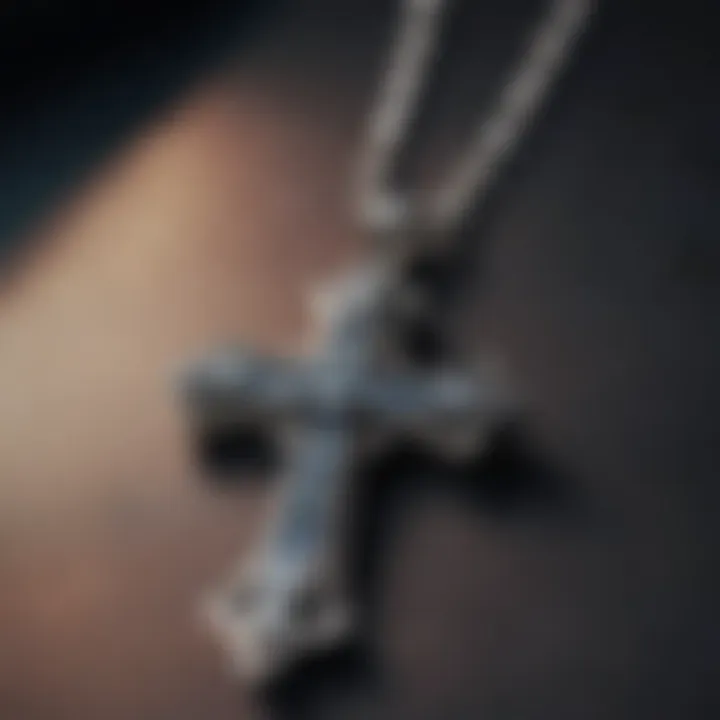 Close-up view of a rhinestone cross pendant reflecting light beautifully