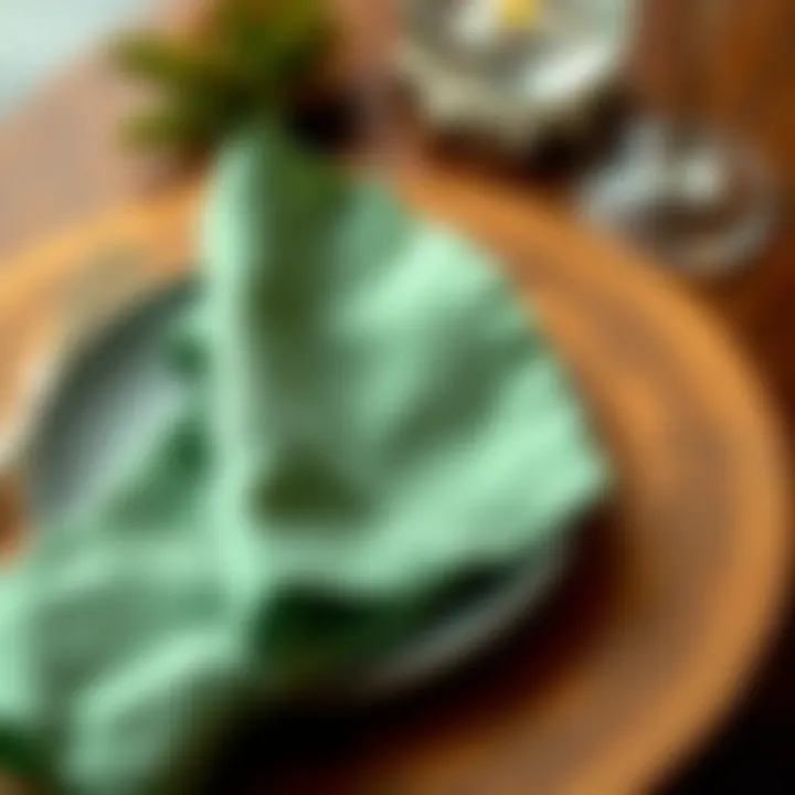 Close-up of sage green paper napkin on a beautifully arranged plate