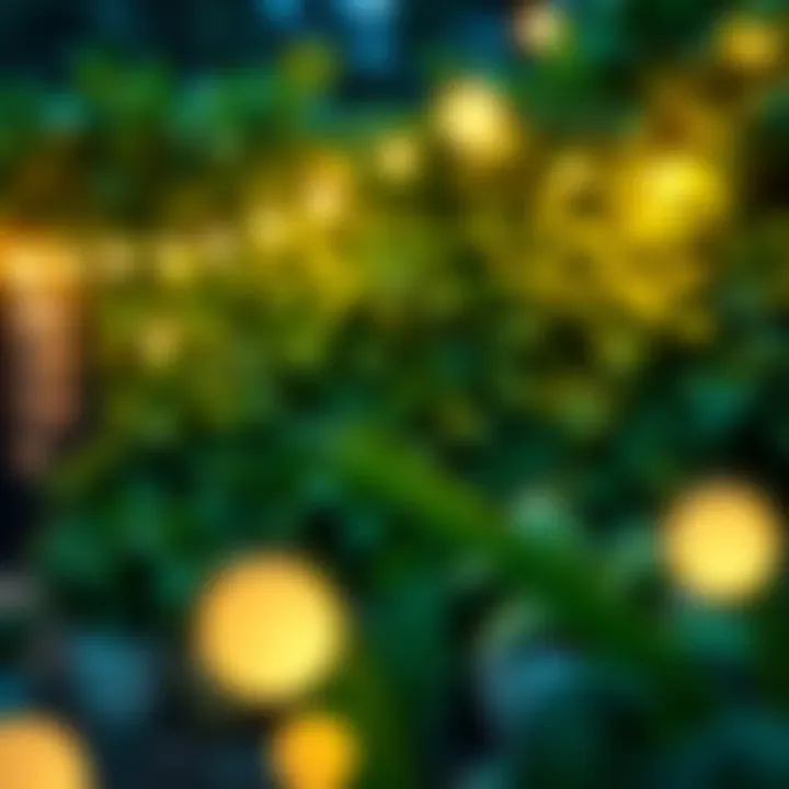 Lush outdoor garden adorned with artificial ivy and illuminating lights