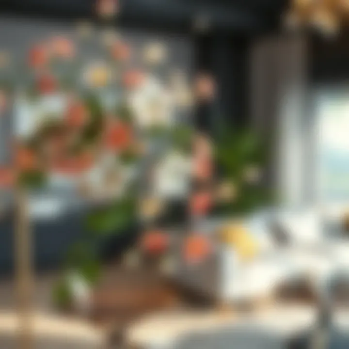 An elegant arrangement of artificial flowers on a decorative vine in a modern living space.