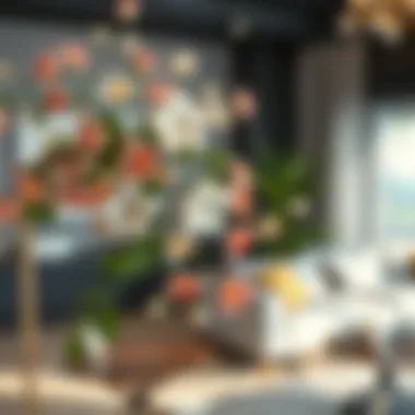 Elegant Arrangement in Modern Decor An elegant arrangement of artificial flowers on a decorative vine in a modern living space.
