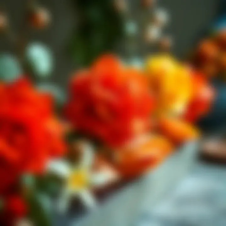 A detailed view of various materials used in crafting artificial flowers on a vine.