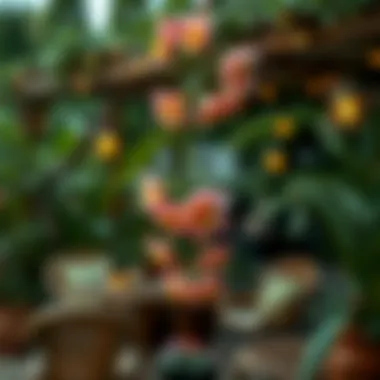 A serene outdoor setting featuring artificial flowers on a vine, showcasing sustainability in design.