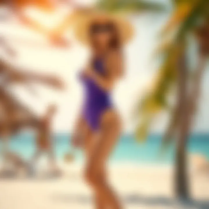 A vibrant beach scene with a model wearing a stylish one piece