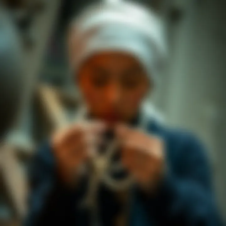 A skilled artisan demonstrating a unique knotting technique with pearls.