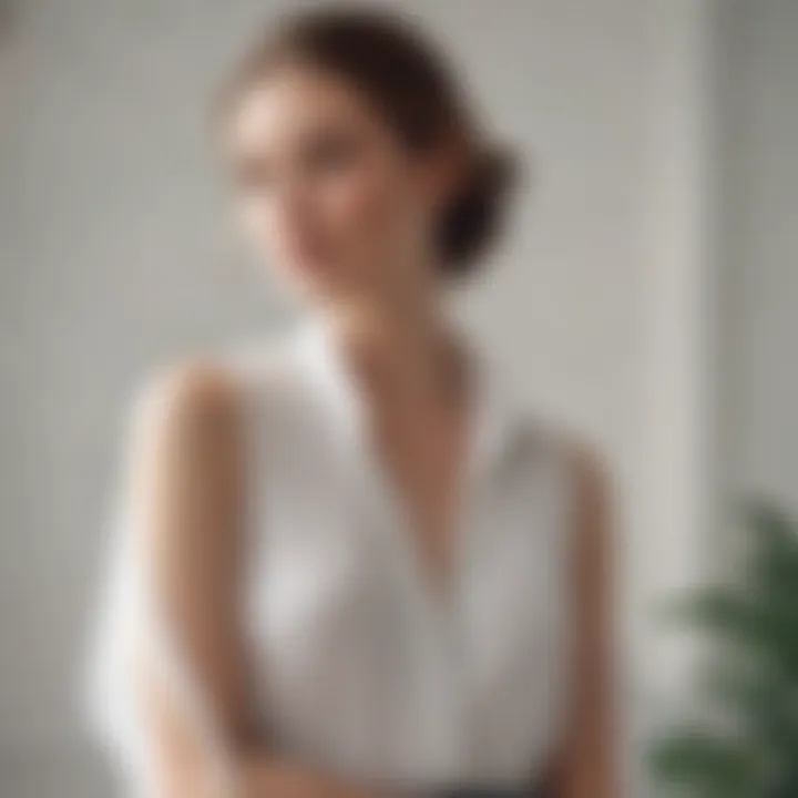 An elegant setting featuring a woman wearing a white chiffon shirt, exuding confidence