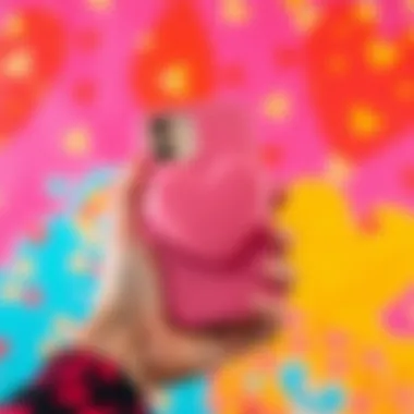 A heart phone case being held in a hand against a vibrant backdrop