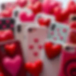 A variety of heart-themed phone cases displayed together
