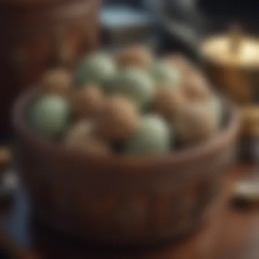 Close-up of camphor balls in a decorative container