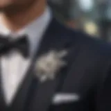 Elegant wedding lapel pin displayed on tailored suit