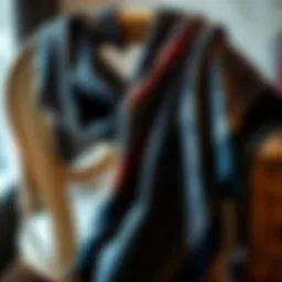 A close-up of a sparkly scarf draped elegantly over a vintage chair, showcasing its intricate patterns and shimmer.