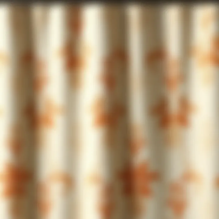 Intricate Floral Patterns on Beige Shower Curtain Close-up of intricate floral patterns on a beige shower curtain