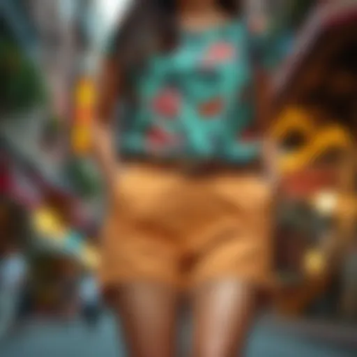 Chic brown cow shorts styled with a vibrant top