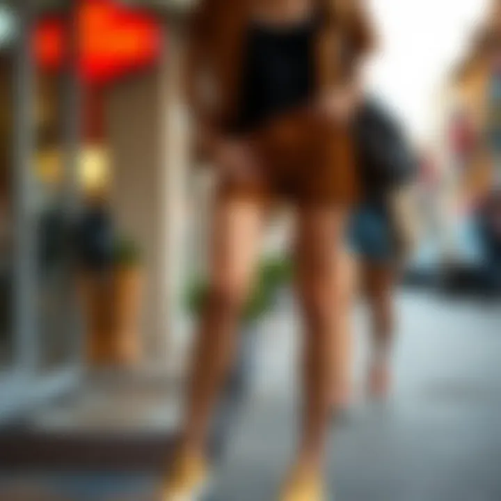 Different styling options for brown cow shorts in a casual setting