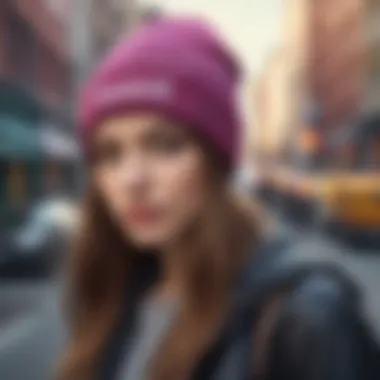 Trendy individuals wearing custom name beanies in a vibrant urban setting