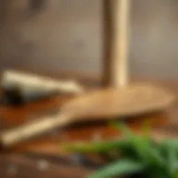Traditional wooden rice paddle on a rustic table